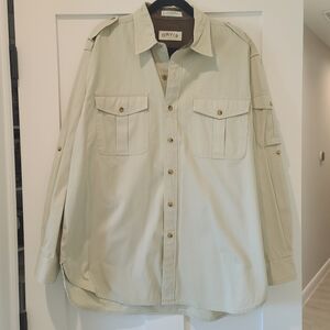Vtg Orvis Men's Large Hunt Fishing Safari 100% Cotton Long Sleeve Shirt Stone